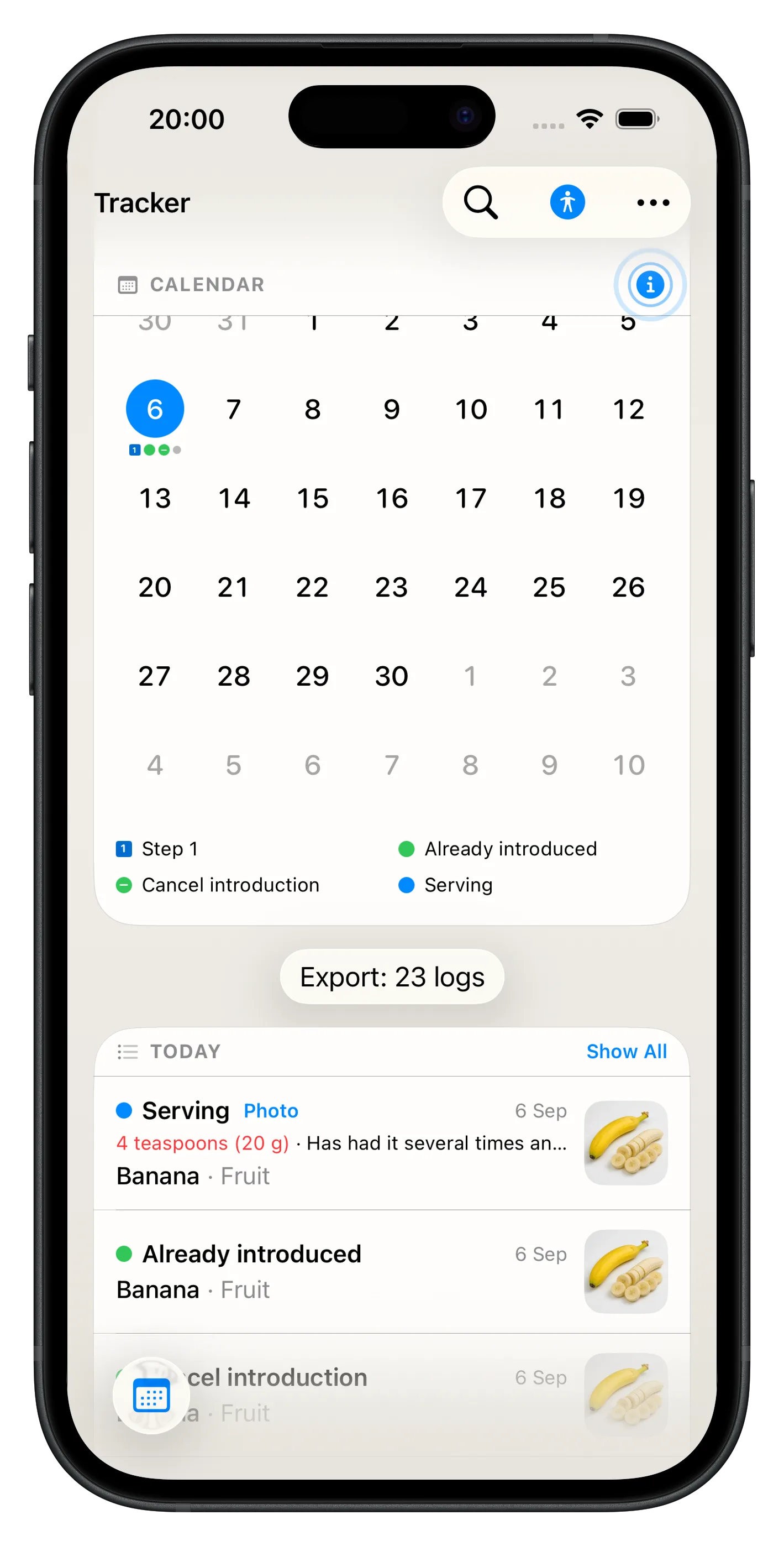 Tracker calendar with daily food logs and export button