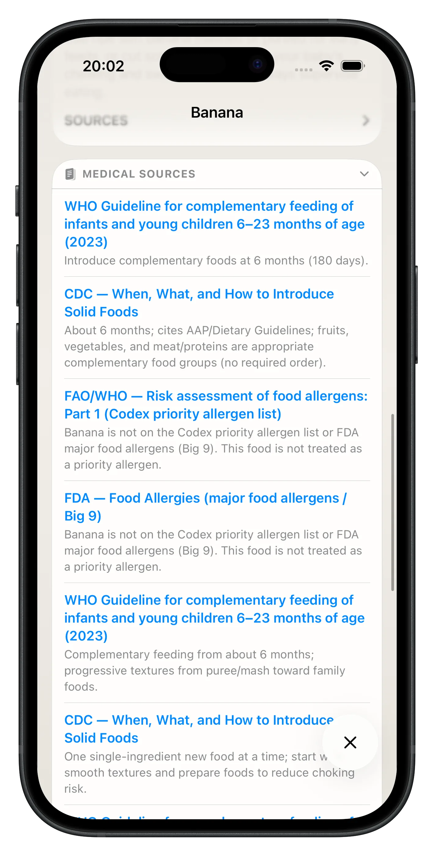 Food card with medical sources from WHO, CDC, and AAP