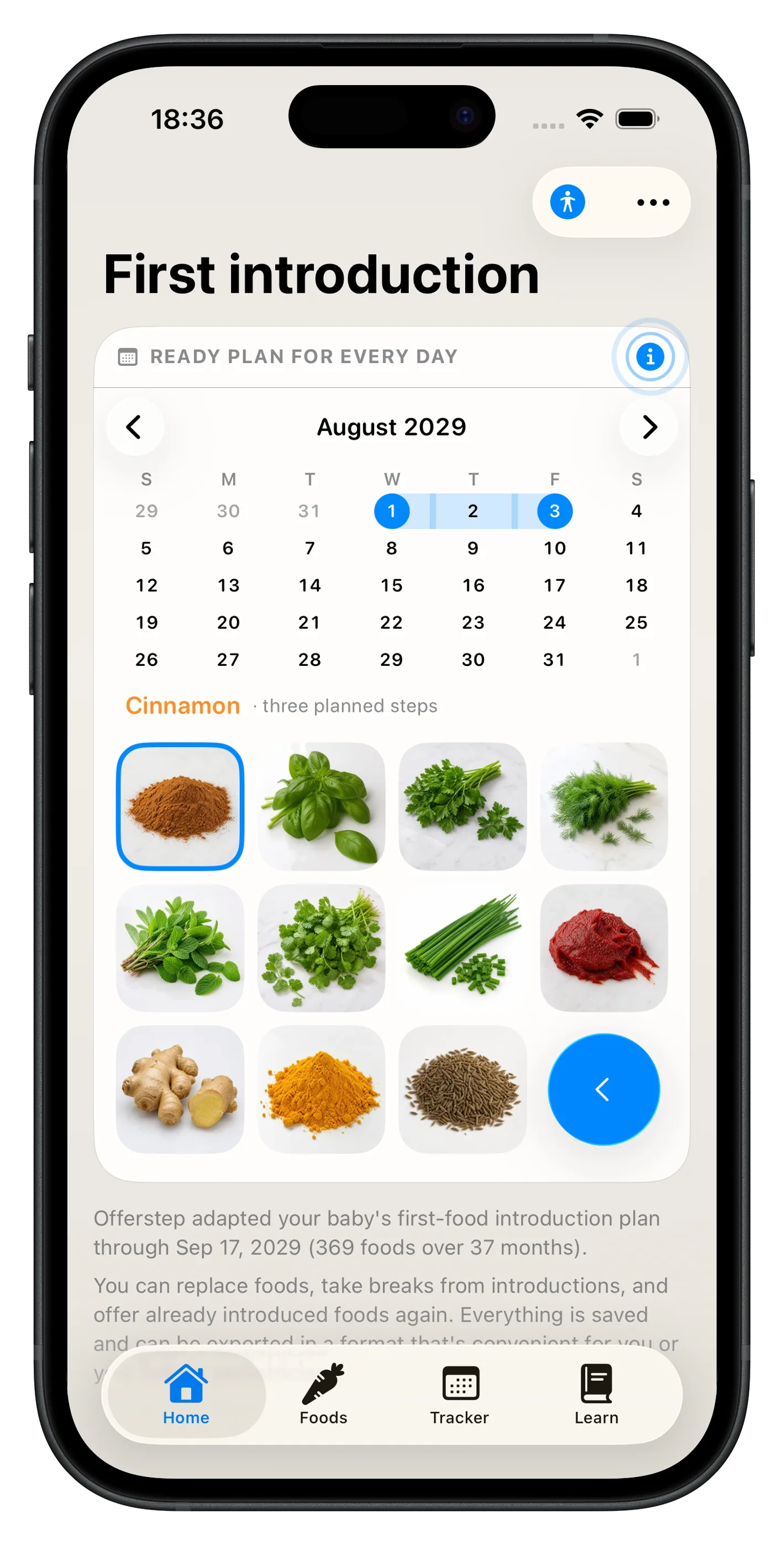 Personalized first-foods introduction calendar and plan